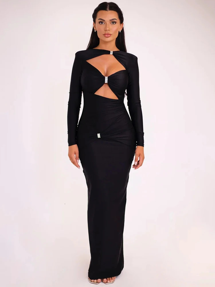 Mozision Elegant Hollow Out Long Sleeve Sexy Maxi Dress For Women Solid Color Slim Fit Cut Club Party 241112