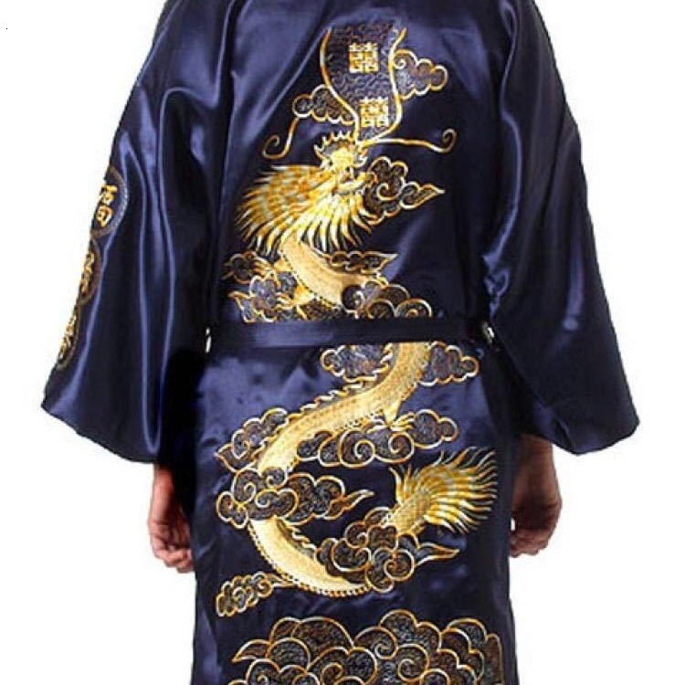 Navy Blue Chinese Mens Satin Silk Robe Embroidery Kimono Bath Gown Dragon Size S M L XL XXL XXXL S0008 240812