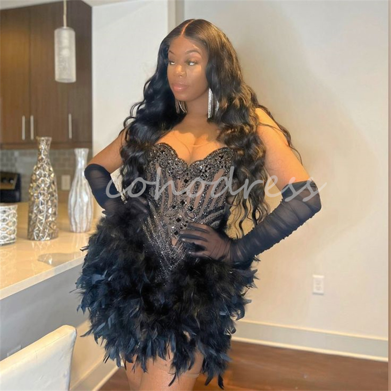 Sexy Black Baddie Prom Dresses With Feather Beaded Crystal Short Evening Dress Black Girls Cocktail Birthday Party Diamond Homecoming Dress Vestio De 