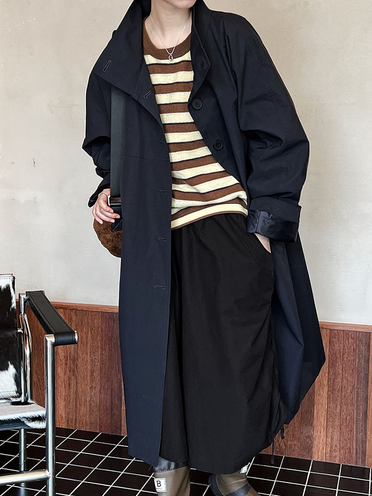 Solid Casual Trench For Women Stand Collar Sleeve Patchwork Single Breasted Temperament Long Coats Female New