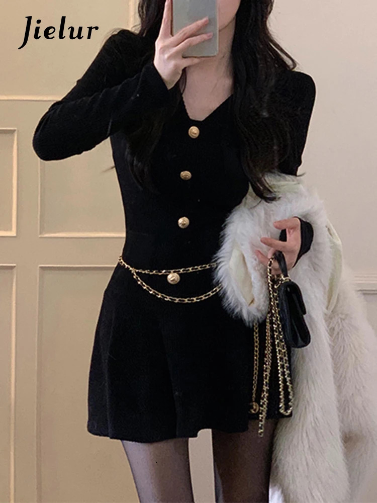 Jielur Sexy Black Knitting Female Mini Dress Chic Chain Buttons Slim Vneck Fashion Womens Dresses Solid Color Winter 241112