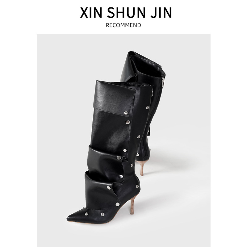 2024 willow stud buckle splicing two wear fine high heel tall boots female personalized spicy girl fashion boots EU35-40
