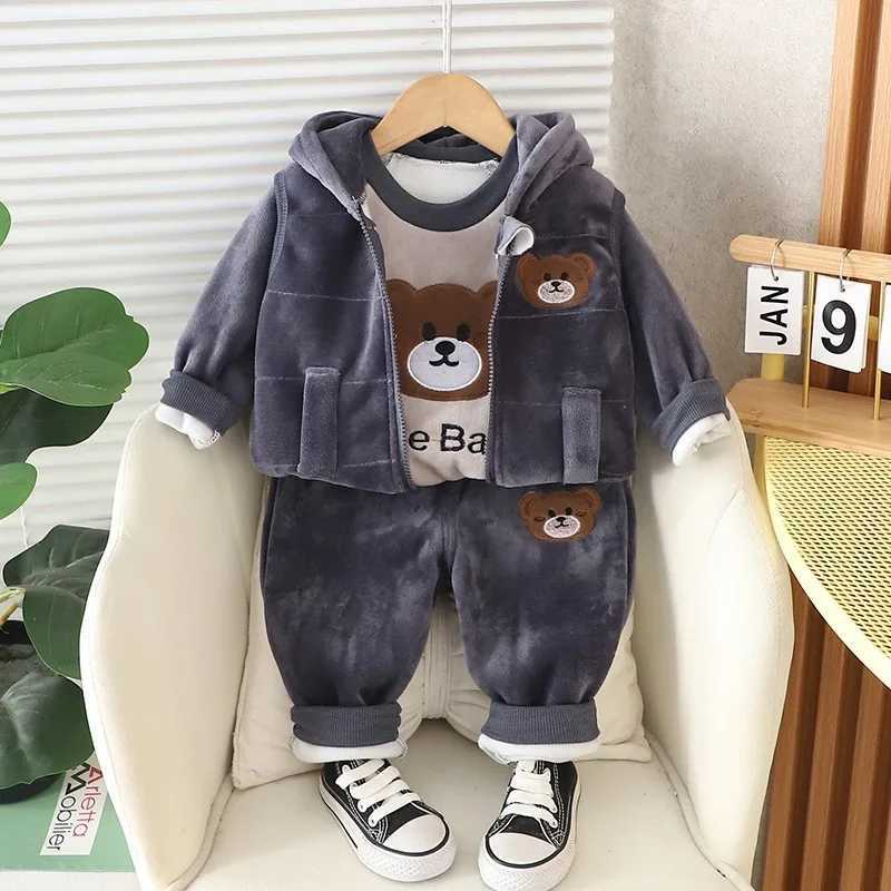Clothing Sets New Baby Boys Clothes Set Autumn Winter Thick Velvet Cartoon Bear Hooded Coat Sweater Pants 3Pc for 1-4 Years Kids Sprot Outfits H241126