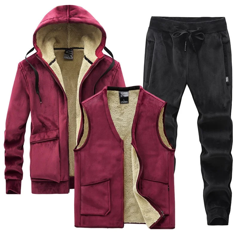 Mens Winter Velvet Thick Track Set Mens Cashmere HoodieTank TopPants 3-Piece Set Mens Warm Casual Cashmere Set 241126