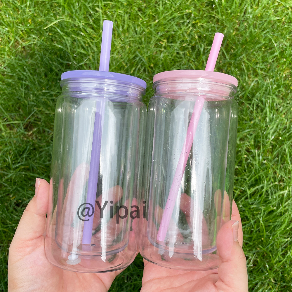 BPA free 12oz inner 16oz outer snow globe pre-drilled glitter plastic soda can USA warehouse double walled acrylic iced coffee cups with silicone plug