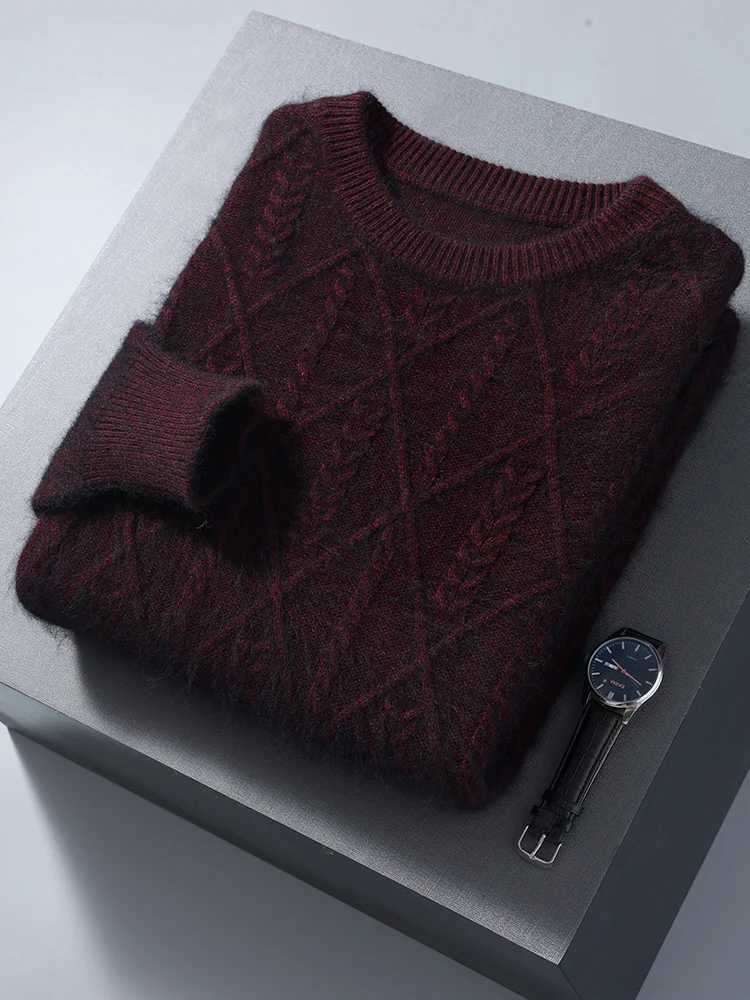 100% mink cashmere autumn mens O-neck sweater cable knitting thick drawing high-quality intelligent cashmere knitting X241126