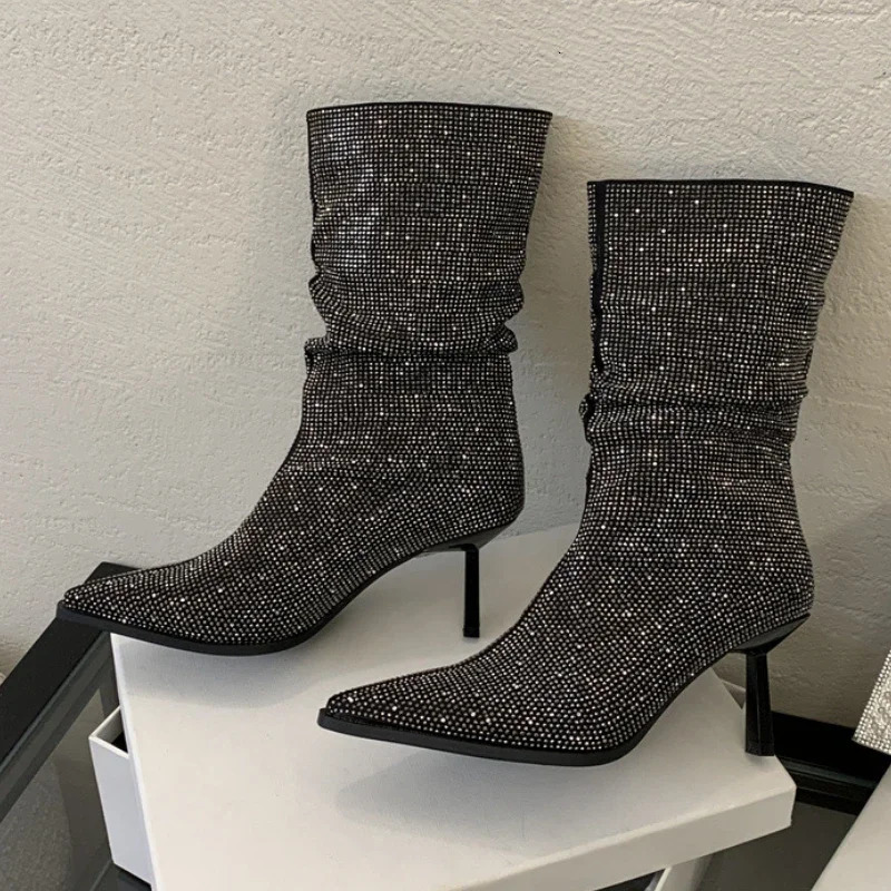 Rhinestone High Heel Ankle Boots Women Autumn Winter Pointed Toe er Modern Boots Glitter Sexy Short Boots Ladies 241126