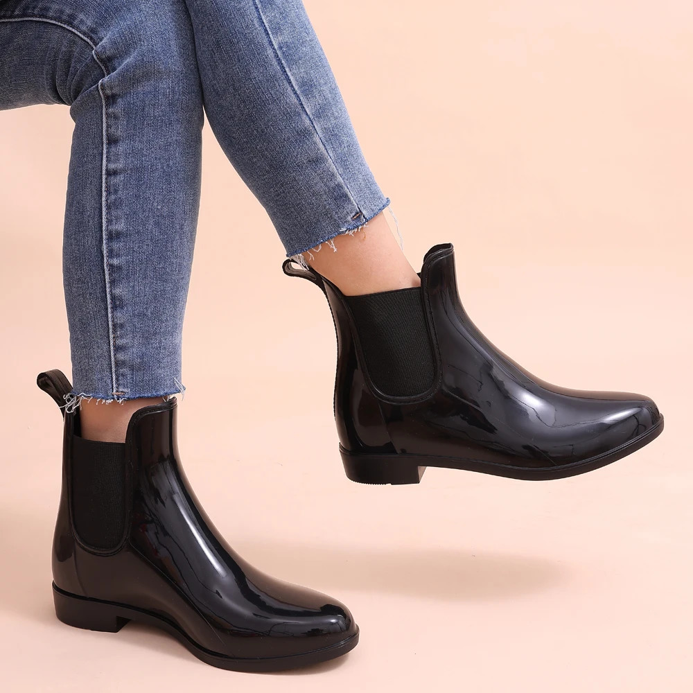 Shevalues Womens Chelsea Rain Boots Shiny Ankle Boots Waterproof Upper Elastic Strap Low Bottom Fashionable Non slip Womens Boots 241126