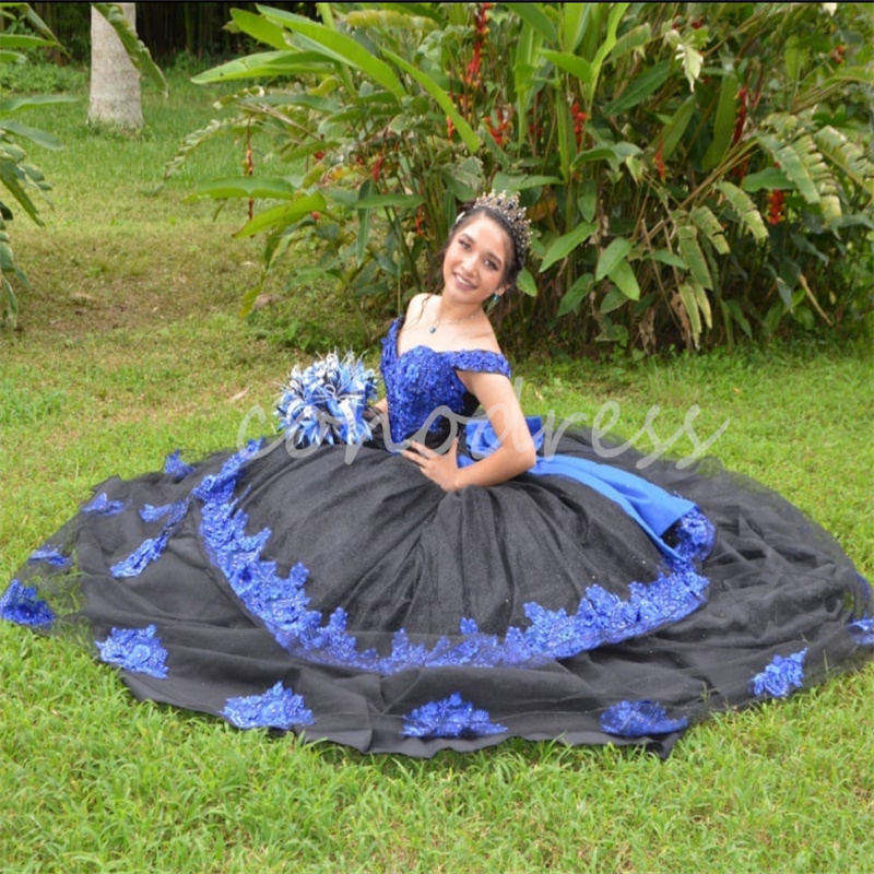 Charro Mexican Black Quinceanera Dresses Off Shoulders Blue Lace Xv Bow Vestidos De 15 Quinceanera Sweet 16 Party Corset Birthday Formal Occasion Dres