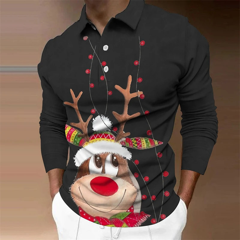 Cute Elk Pattern Polo Shirt For Men Fashion Autumn Long Sleeve Mens 3D Printed Christmas T-shirt Loose Casual Harajuku Tops 241126
