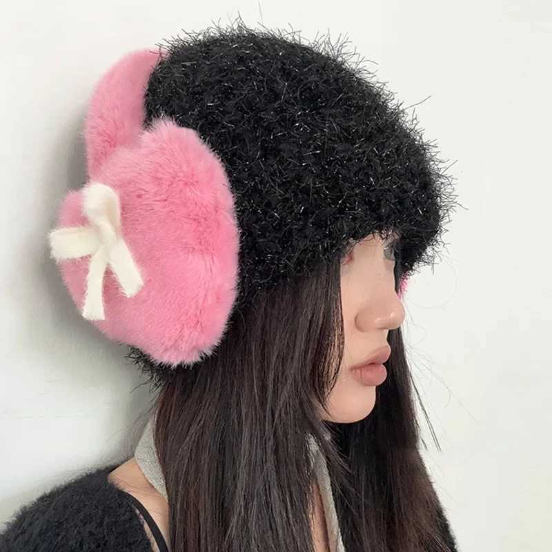1 Solid Color Earmuffs Black Bow Fluffy Soft Plush Earplugs Ladies Cute Heart-shed Warm Winter Must-have Warm Cold EarmuffsXJ241126
