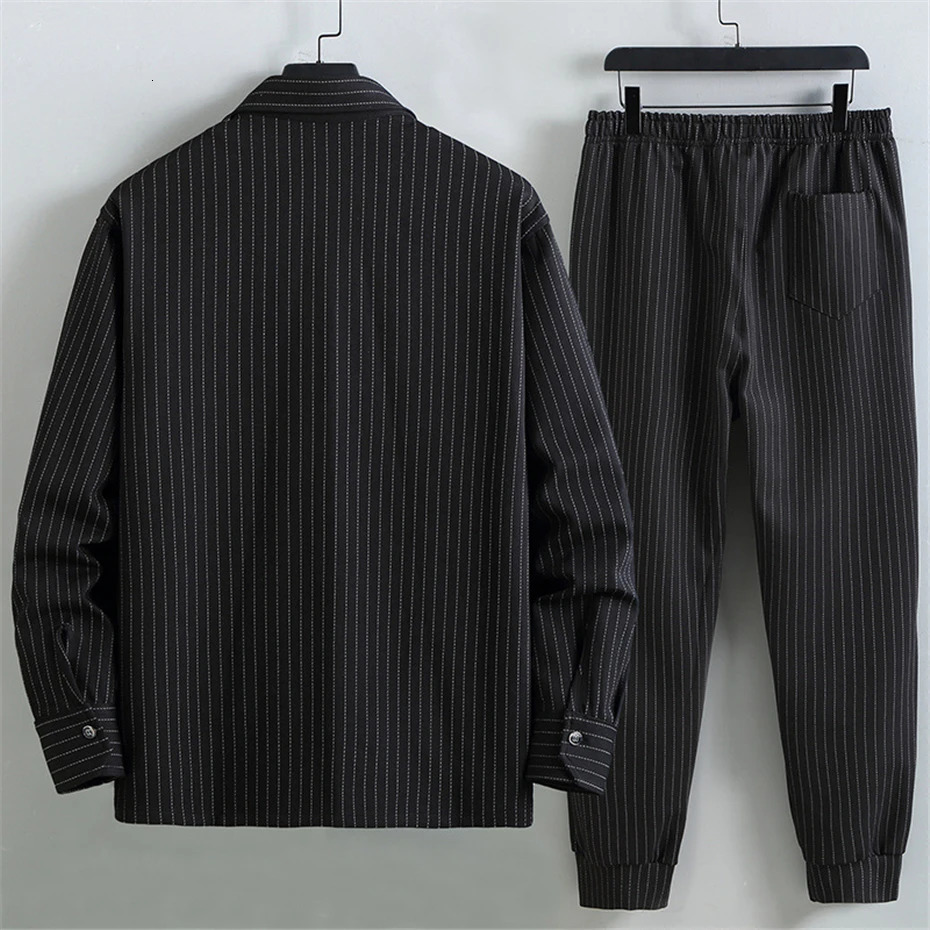 Mens striped suit plus size 10XL 11XL cargo shirt pants mens autumn and winter thick suit fashionable casual jacket set large size 10XL 241126