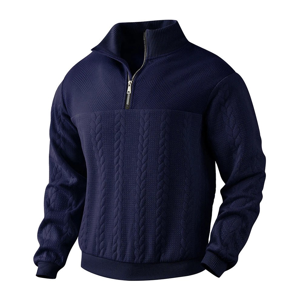 Mens casual Henry collar sweater long sleeved knitted stand up collar top zipper solid color hoodie pattern fashionable mens clothing 241126