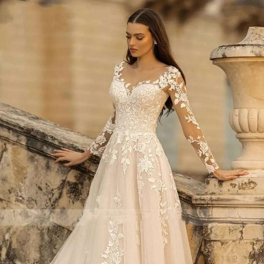 Elegant Long Sleeves A E Wedding Dresses Sheer Scoop Neck Tulle Applique Sweep Train Bridal Gowns Bride Dress Custom Made With Lace UP