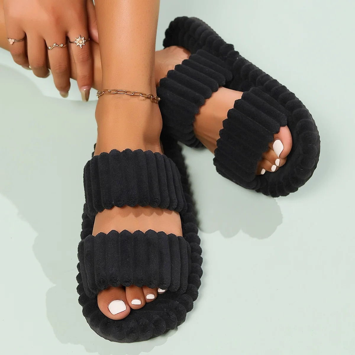 Womens bow slippers seasonal home shoes indoor corduroy soft casual comfortable living room anti slip flip cover 241126