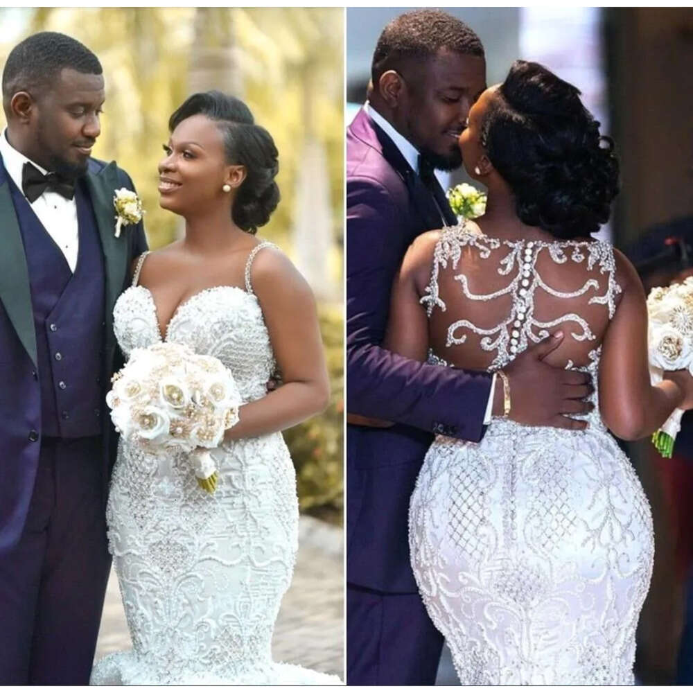 Full Mermaid African Dresses Lace Spaghetti Straps Applique Beaded Sweep Train Wedding Dress Bridal Gowns Plus Size Bc