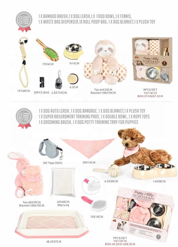 9 Pcs Pet Gift Dog Starter Set Bowl Brush Leash Plush Toy Training Pad Puppy Starter Kit