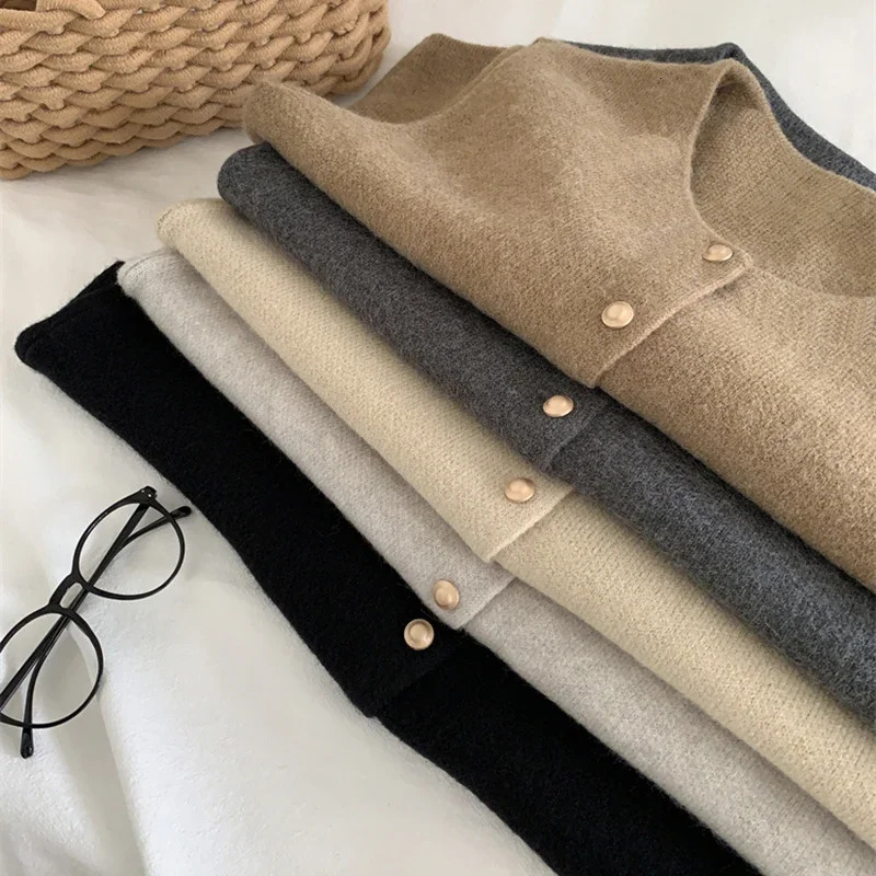 Autumn Knitted Cardigan Women Korean Elegant Sleeveless Sweater Tanks Casual Fashiona Slim Female Tops Gray Vest 241121