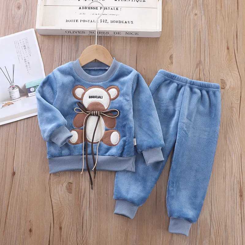 Clothing Sets New Cartoon Mouse Pajama Sets For Baby Boys Girls Winter Plus Velvet Thick Flannel Homewear Children Warm Sleepwear Suit 2Pcs H241126