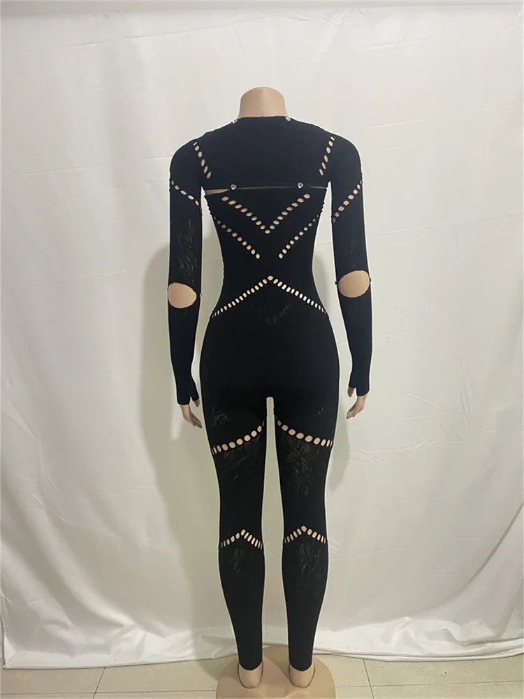 Summer clothing streetwear womens long sleeved tight fitting blue mesh jumpsuit 241125