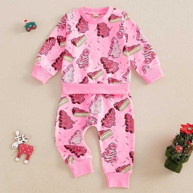 Clothing Sets Baby Girl 2Pcs Christmas Outfits Long Sleeve Cake Print Sweatshirt Tops Pants Set Toddler Kids Xmas Clothes Tracksuits Set H241126