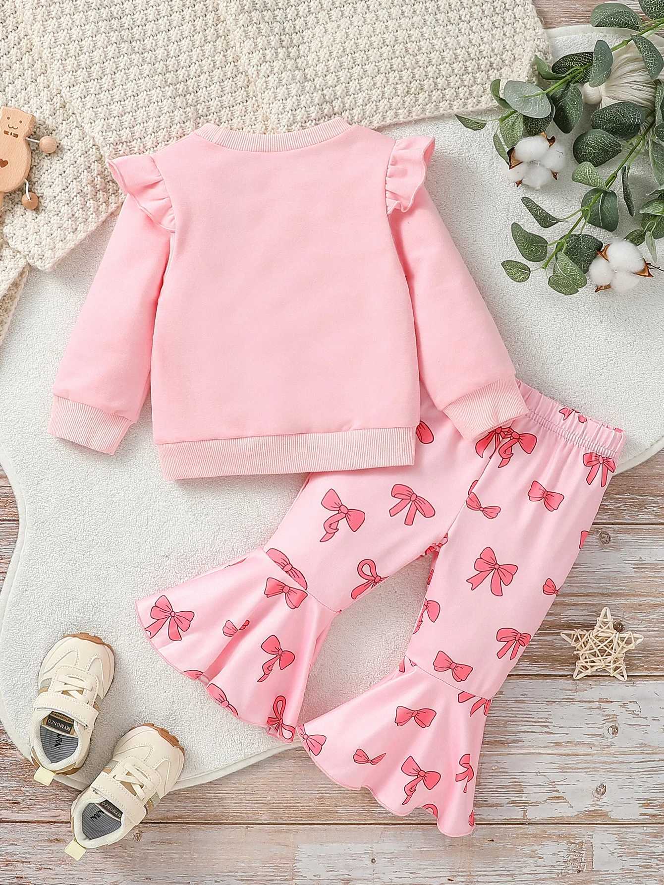 Clothing Sets 2Pcs Kids Girl Fall Outfit Solid Color Long Sleeve Sweatshirt With Bow Print Flare Pants Children Honey Pink Clothes Set H241126