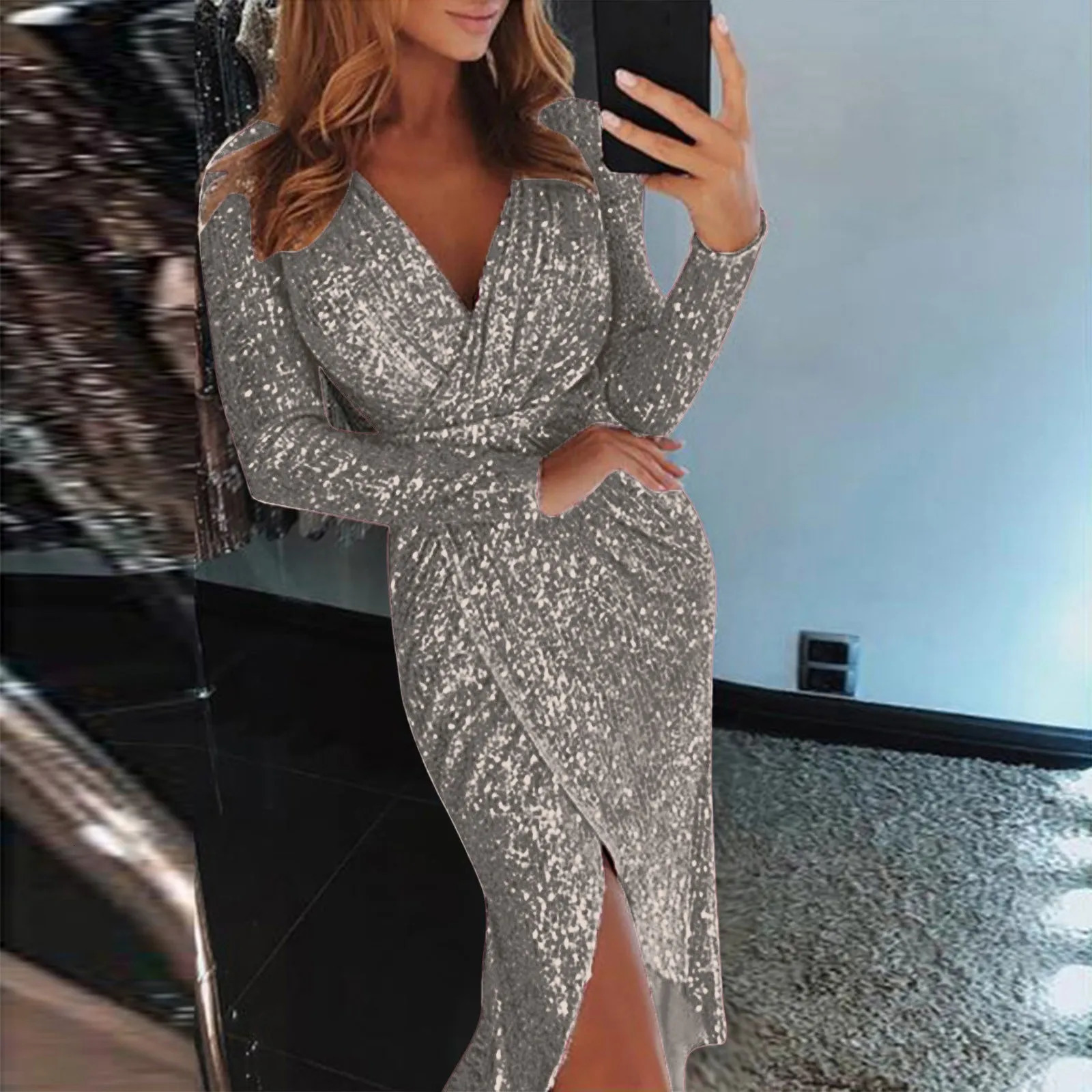 Slim Night Club Party Dress Women Sexy Deep V Sequins Wrap Hip Ruched Long Sleeve Formal Nightclub Performance Costume 241112
