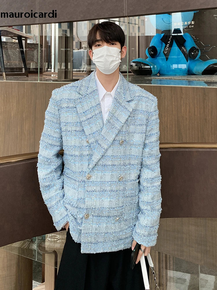 Mauroicardi autumn loose casual colorful blue tweed jacket mens long sleeved double chest mens clothing 241126