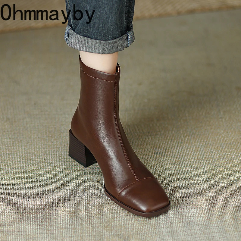 Retro Style Women Short Boots Fashion Back Zippers Ankle Booties Square High Heels Autumn Winter Shoes 241114