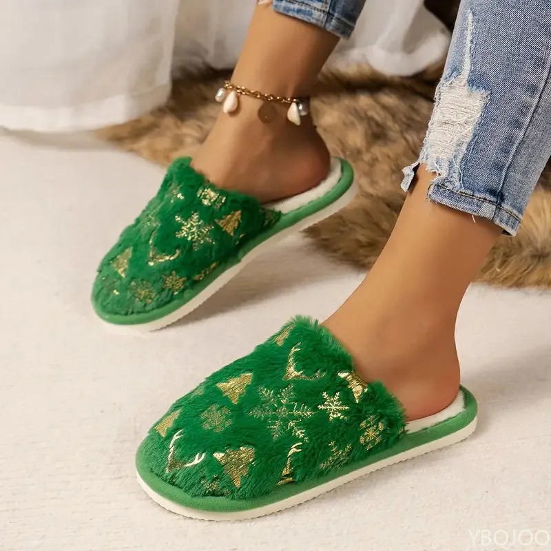 Christmas Slippers for Women Cute and Soft Cotton Slippers Indoor Christmas Tree Wrapping Warm Non Slip Flat Bottom Home Shoes 241126