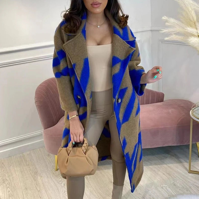 Womens long double-sided printed coarse woolen coat autumn elegant lapel lace fashionable open collar jacket long sleeved loose jacket 241125