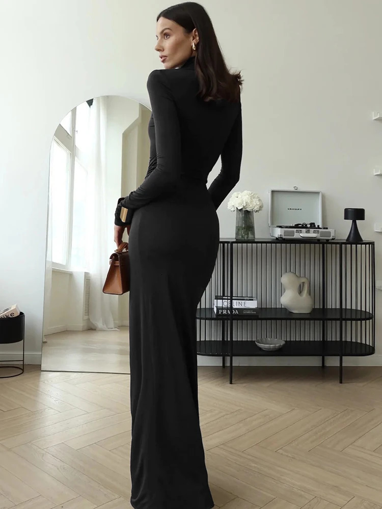 JULISSA MO sexy high seam bandage womens long skirt black turtle neck long sleeved dress womens winter ultra-thin elegant womens clothing 241125