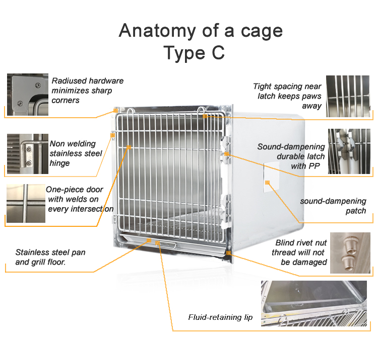 Full round corner4 door cage with grill & pan stainless steel dog cage SUS304 for veterinary Type C
