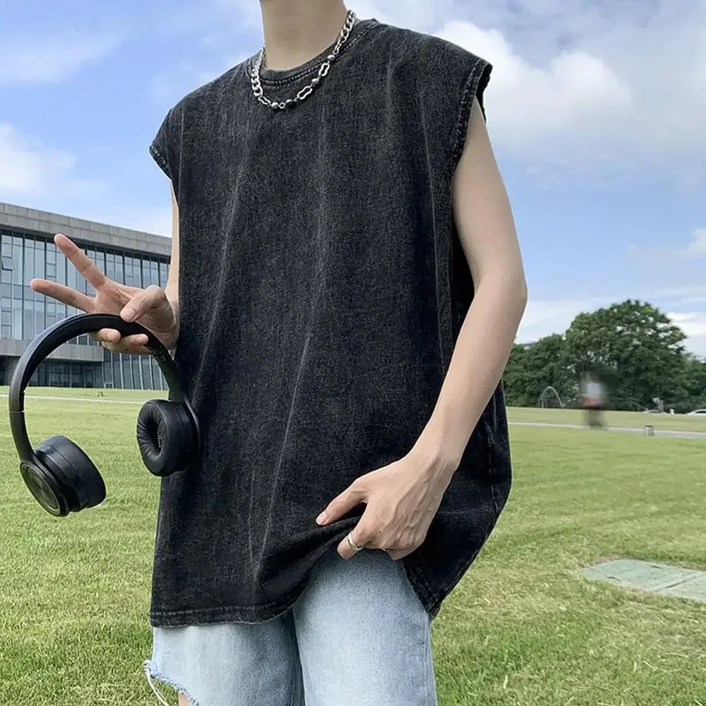 Summer Cotton Vest Male Female Sleeveless Shirts Washed Y2k Tank Tops Solid Color Tees Casual Loose Vests Men Vintage Streetwear 240415