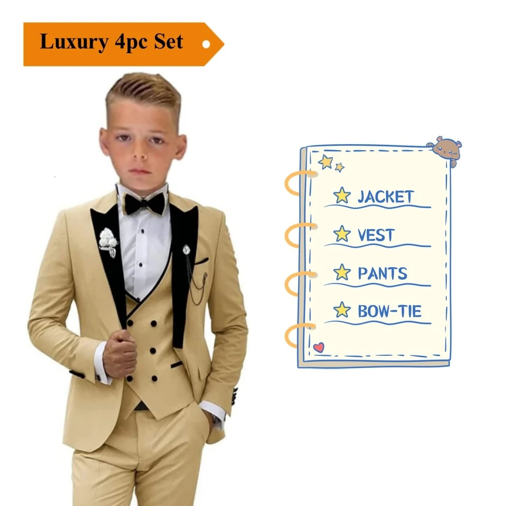 est Kids Suit Set 2-14 Years Single Button Boys 4 Pieces Formal Suits Blazer Vest Pants Wedding Guest Tuxedo Piano Suit 241126