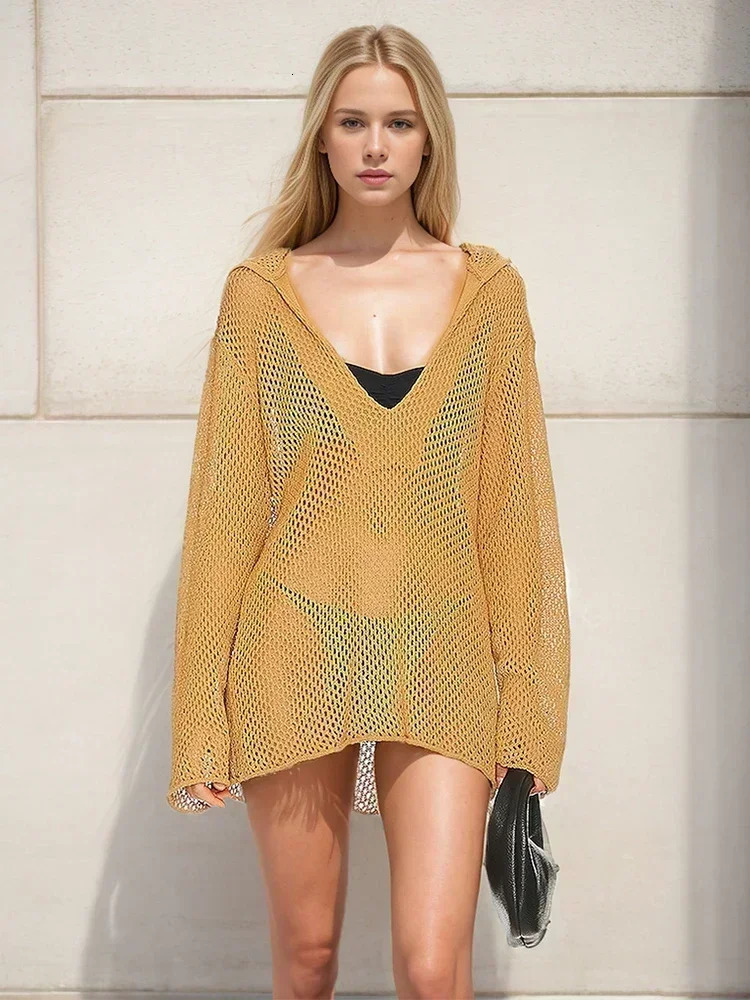 Sexy Knit Hollow Out Vneck Hooded Long Sleeve Beach Mini Dress Women Casual Beachwear Tunic Vacation Swimsuit Cover Up K4 241112