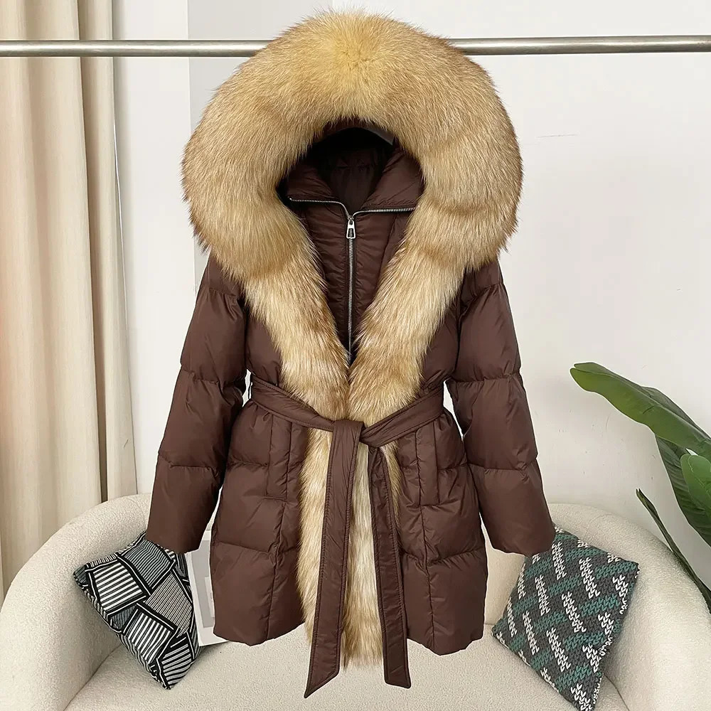 Thick and warm street clothing casual white duck down jacket winter jacket womens hooded sweatshirt natural fox fur coat 241121