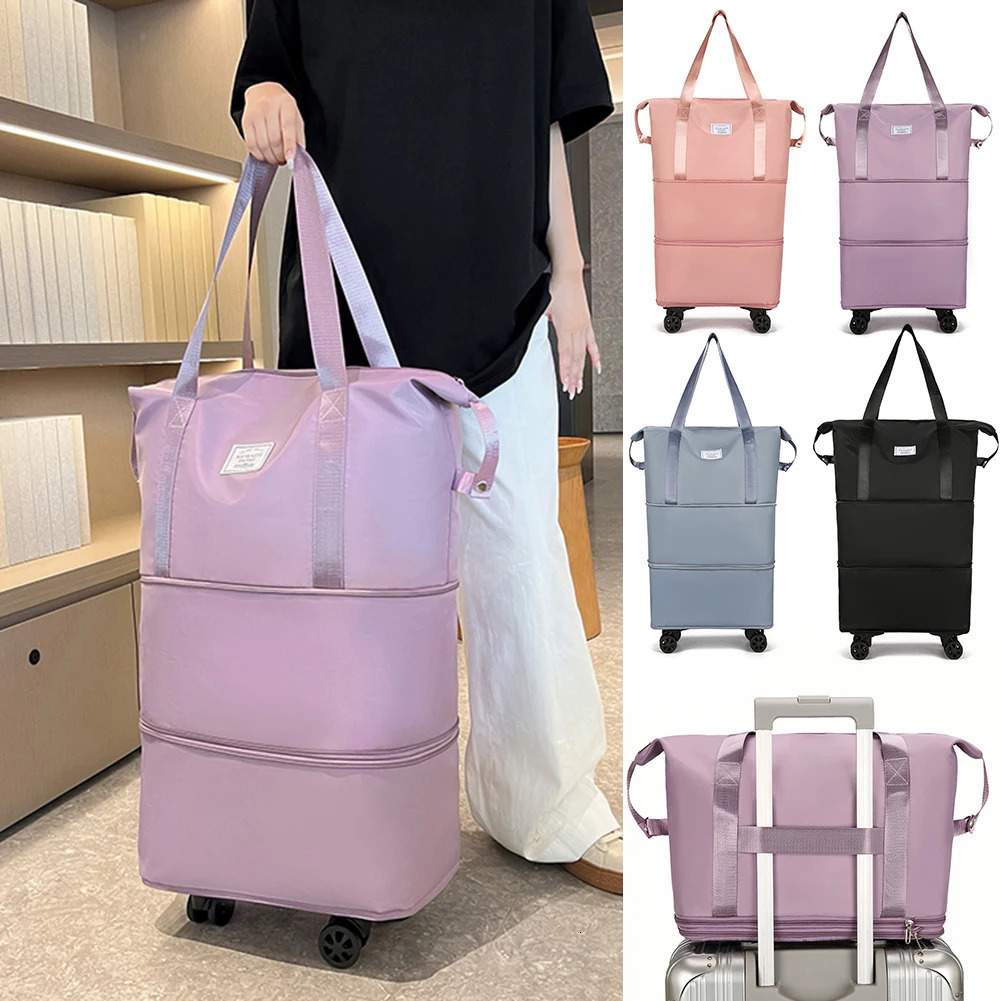 Folding Luggage Bags Expandable Rolling Duffle Pack with Wheel Large Capacity Oxford Clot Dry-Wet Separation Outdoor Weekend Bag 241114