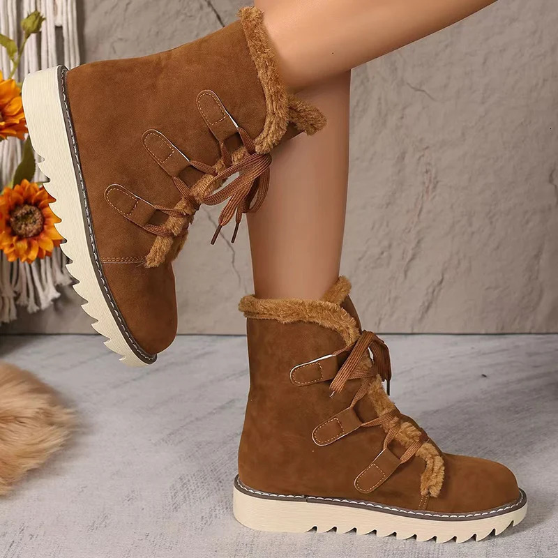 Winter Thicken Plush Ankle Boots Women Lace-Up Non-Slip Keep Warm Snow Boots Woman Faux Fur Flat Heel Warm Cotton-Padded Shoes 241114