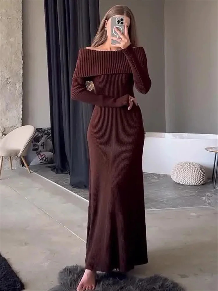 Tossy Fashion Knitted Long Dress with Loose Shoulders High Waist Elegant Autumn Party Dress Womens Knitted Maxi Dress 241125