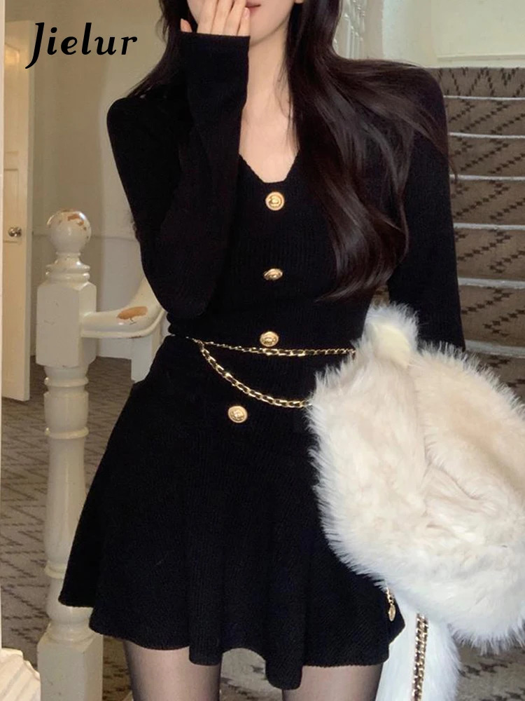Jielur Sexy Black Knitting Female Mini Dress Chic Chain Buttons Slim Vneck Fashion Womens Dresses Solid Color Winter 241112