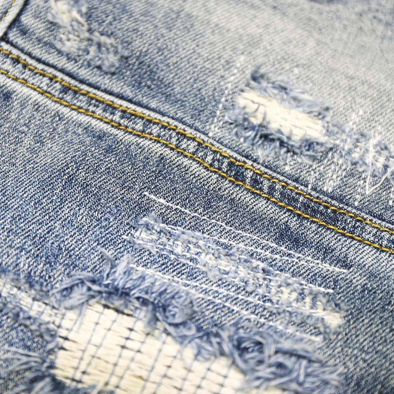 Autumn Winter Trend Mens Straight Slim Jeans Ripped Hole Patch Vintage Distressed Fashion Splicing Denim Pants Streetwear 241126wtt