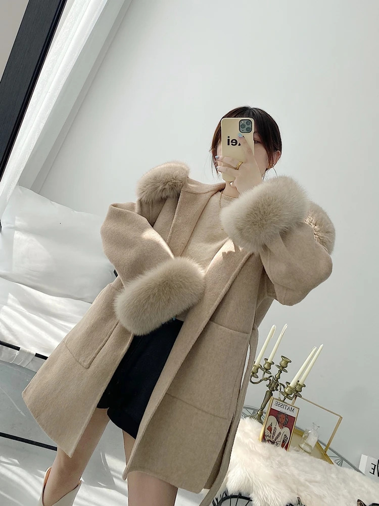 2023 Real Fur Coat Oversize Ladies Outerwear Winter Jacket Women Natural Collar Cuffs Hood Cashmere Wool Woolen 241120