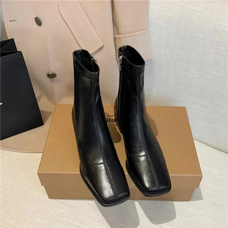 Square Toe Ankle Women Boot High Quality Soft Leather Short Boot Zipper Low Heel Chelsea Shoes Zapatos Muje 241114