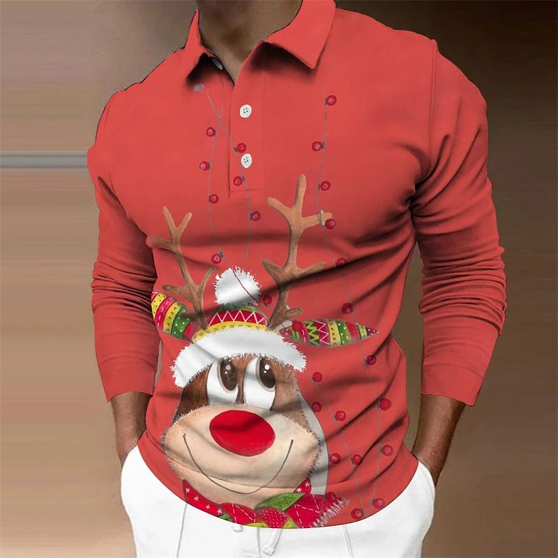 Cute Elk Pattern Polo Shirt For Men Fashion Autumn Long Sleeve Mens 3D Printed Christmas T-shirt Loose Casual Harajuku Tops 241126