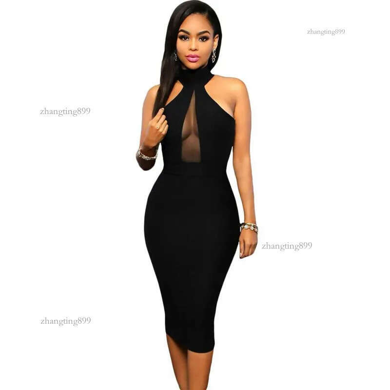 Sleeveless Midi Bodycon Dress Backless Sexy Club Wear Elegant Mesh Party Dresses Black Summer S-XL