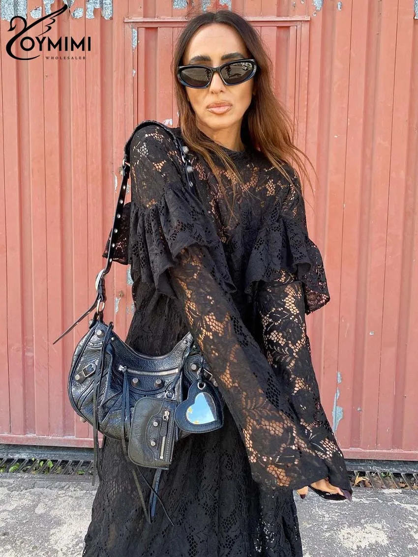 Oymimi Fashion Black Lace Womens Dresses Elegant ONeck Long Sleeve Ruffled Casual Loose AnkleLength Dress Streetwear 241112