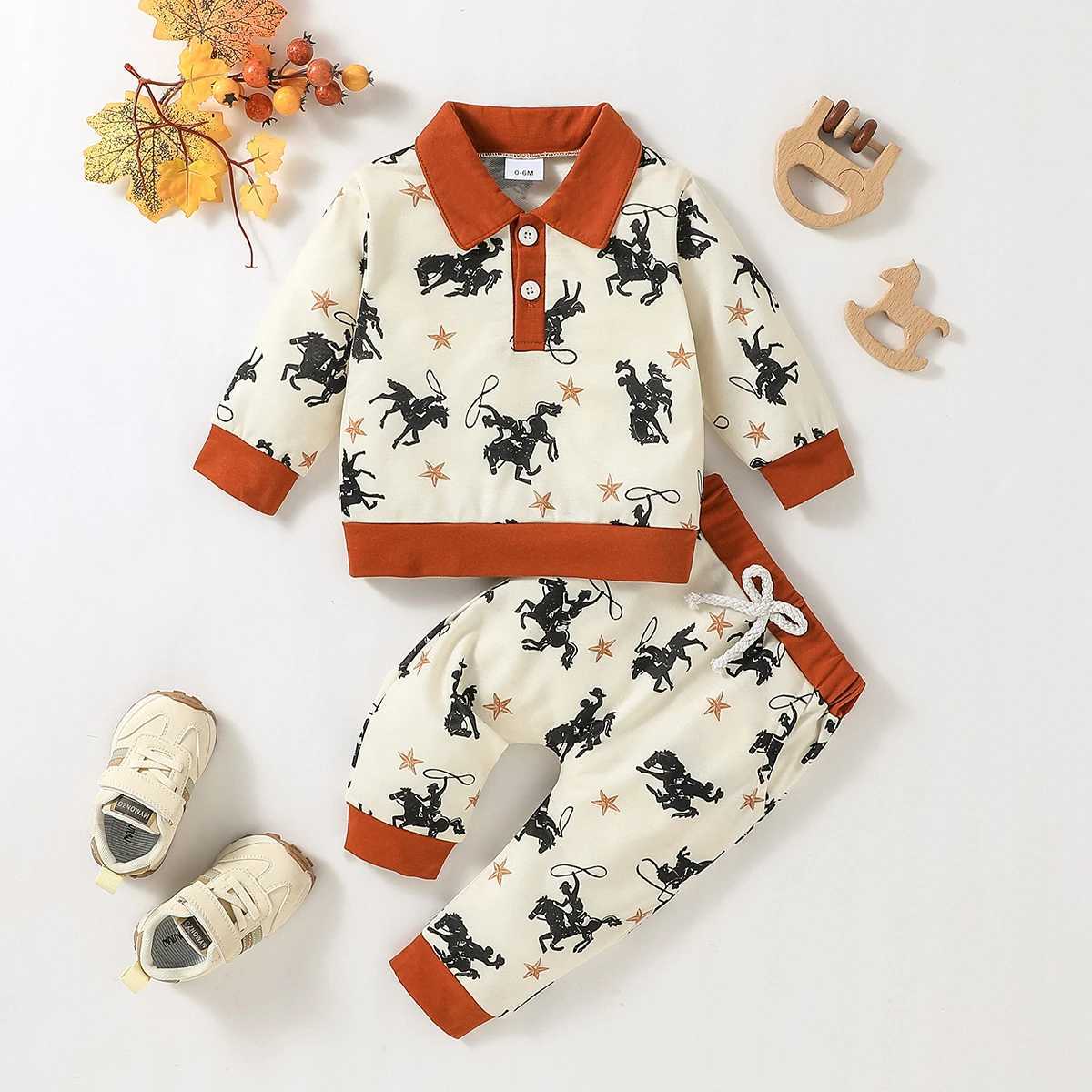 Clothing Sets Baby Boys 2pcs Cartoon Horse Turn-down Collar Fall Long Sleeve Top+ Trousers Pantsuit For Children Clothing Dailywear H241126