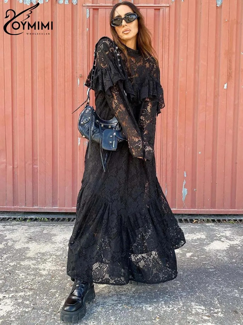 Oymimi Fashion Black Lace Womens Dresses Elegant ONeck Long Sleeve Ruffled Casual Loose AnkleLength Dress Streetwear 241112