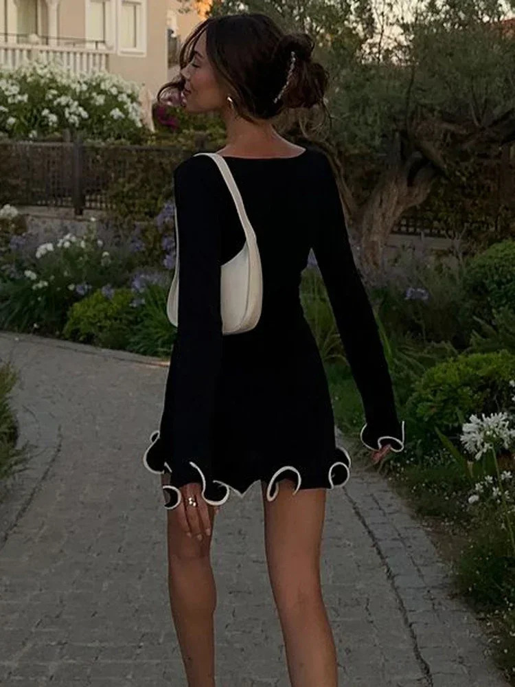 Tossy Fashion Womens Knitted Mini Dress with Ruffles Autumn High Waist Elegant Slimming Party Dress Patchwork Knitted Sweater Womens Dress